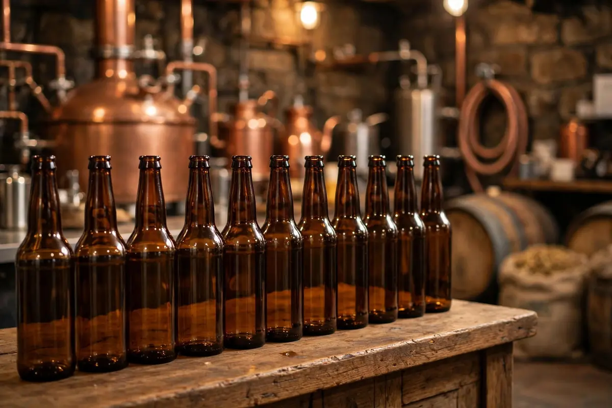 Leere Bierflaschen bereit zur Abfüllung